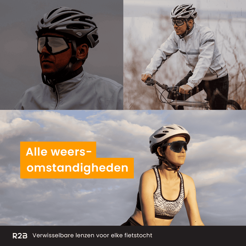 R2B Fietsbril met 5 verwisselbare lenzen voor elk weertype - Unisex & Universeel - Sportbril - Zonnebril voor Heren