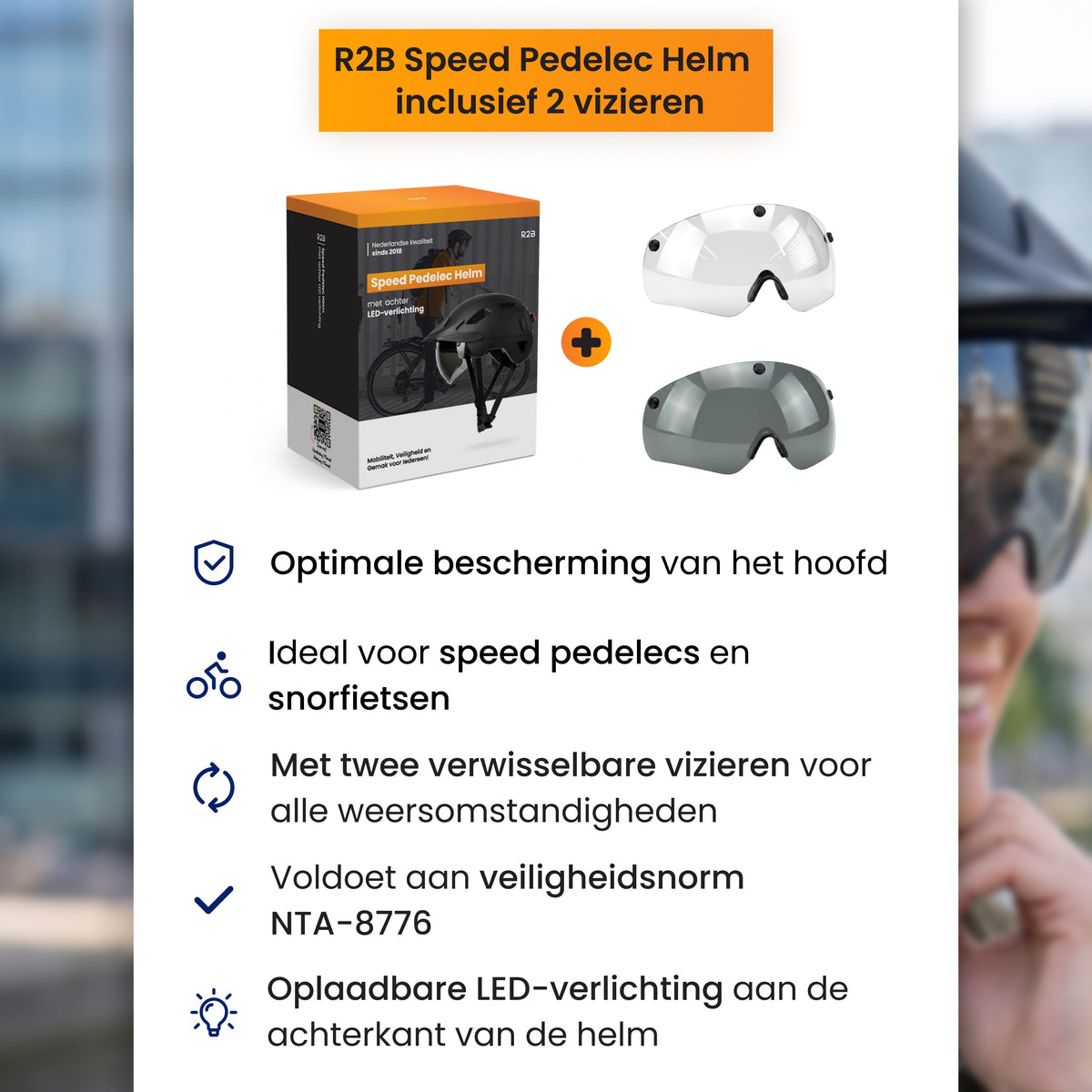 R2B Fietshelm met Transparant Vizier - Speed Pedelec & Snorfiets - Verlichting & Bescherming - Dames en Heren