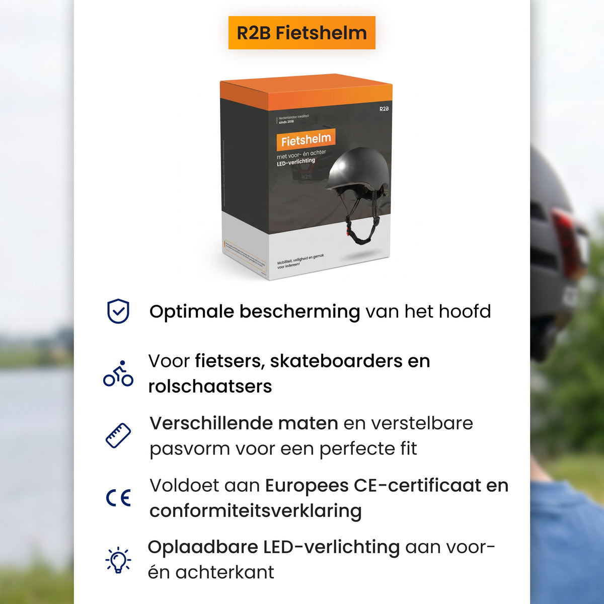 R2B Fietshelm voor Volwassenen met LED Verlichting - Voor & Achterlicht - Dames & Heren - Zwart
