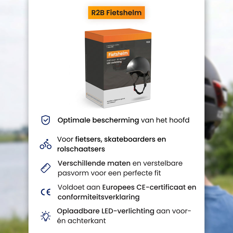 R2B Fietshelm voor Volwassenen met LED Verlichting - Voor & Achterlicht - Dames & Heren - Zwart