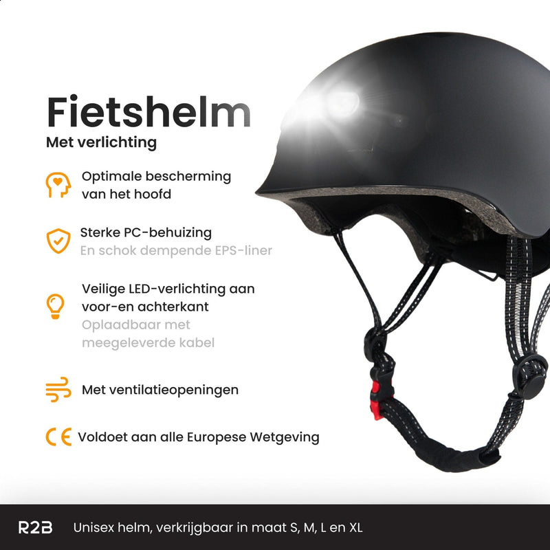 R2B Fietshelm voor volwassenen met LED-verlichting - Maat L - 58-61 cm - Fiets helm voor dames en heren - R2B Store