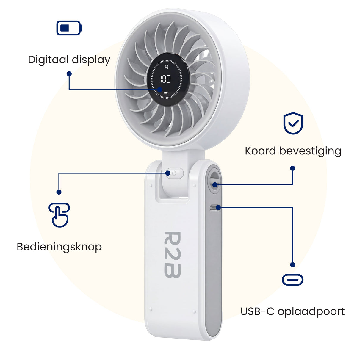 R2B Handventilator Oplaadbaar - Draagbare Mini Ventilator - Nekventilator