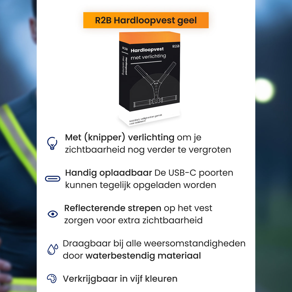 R2B Hardloopvest met Verlichting - Extra Stevige Behuizing - Reflecterend & Oplaadbaar - Neongeel - Telefoonhouder sport