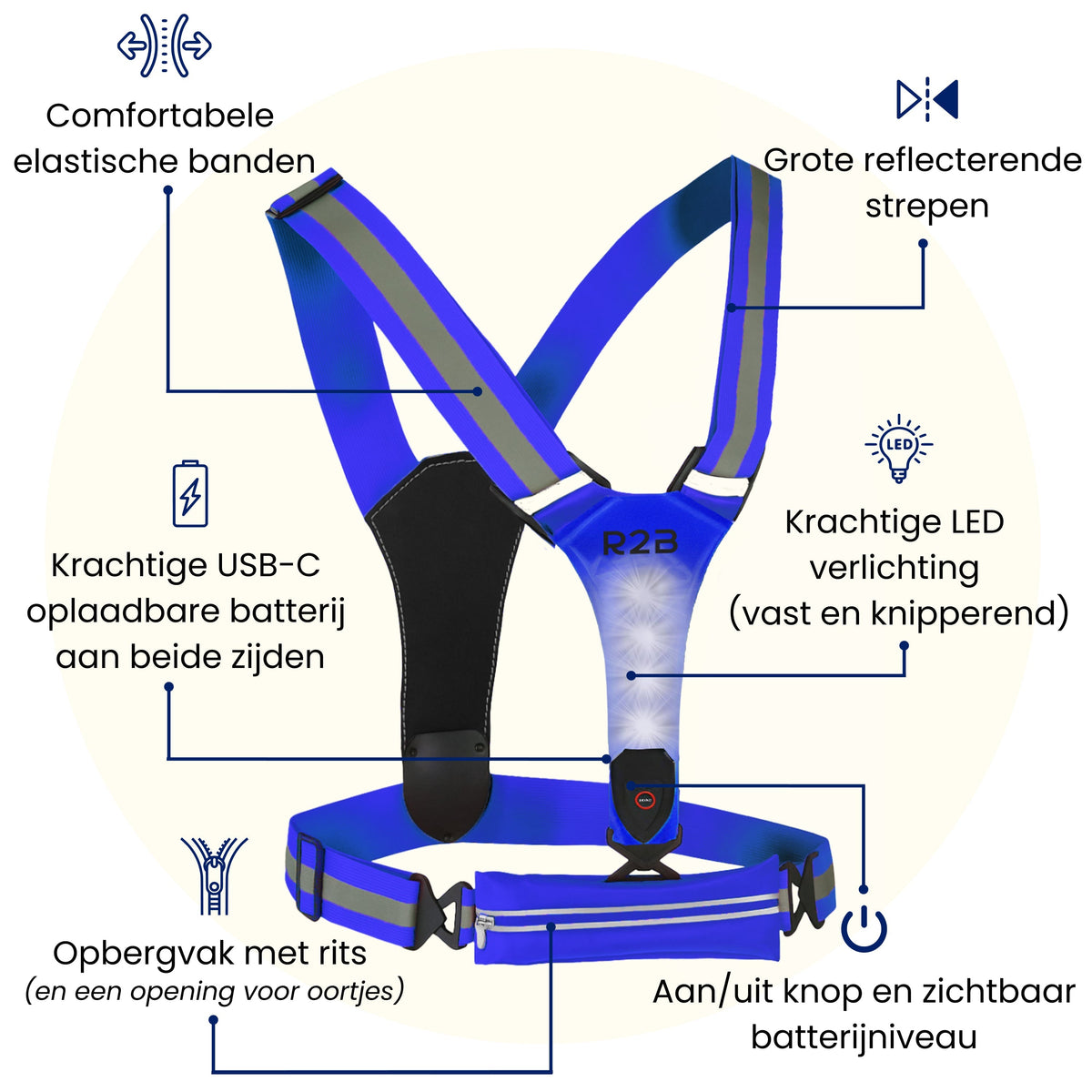R2B Hardloopvest met Verlichting & Opbergvak - Blauw
