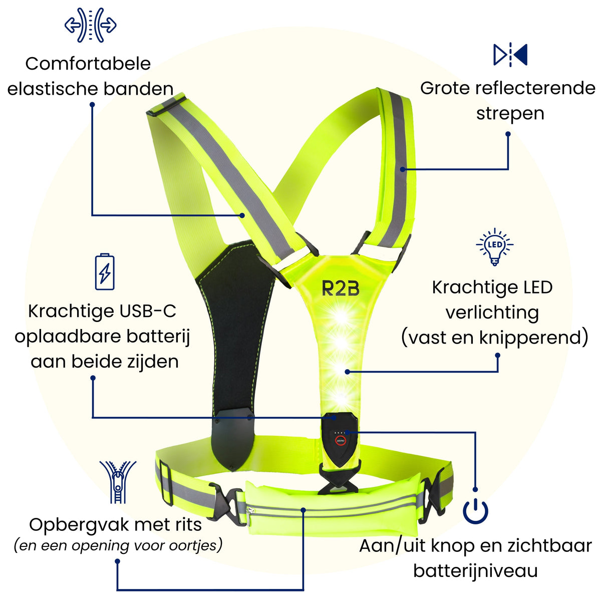 R2B Hardloopvest met Verlichting & Opbergvak - Neongeel