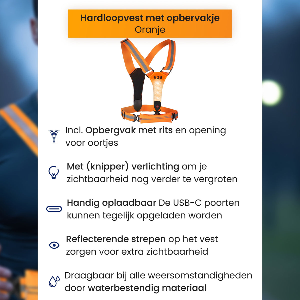 R2B Hardloopvest met Verlichting & Opbergvak - Oranje