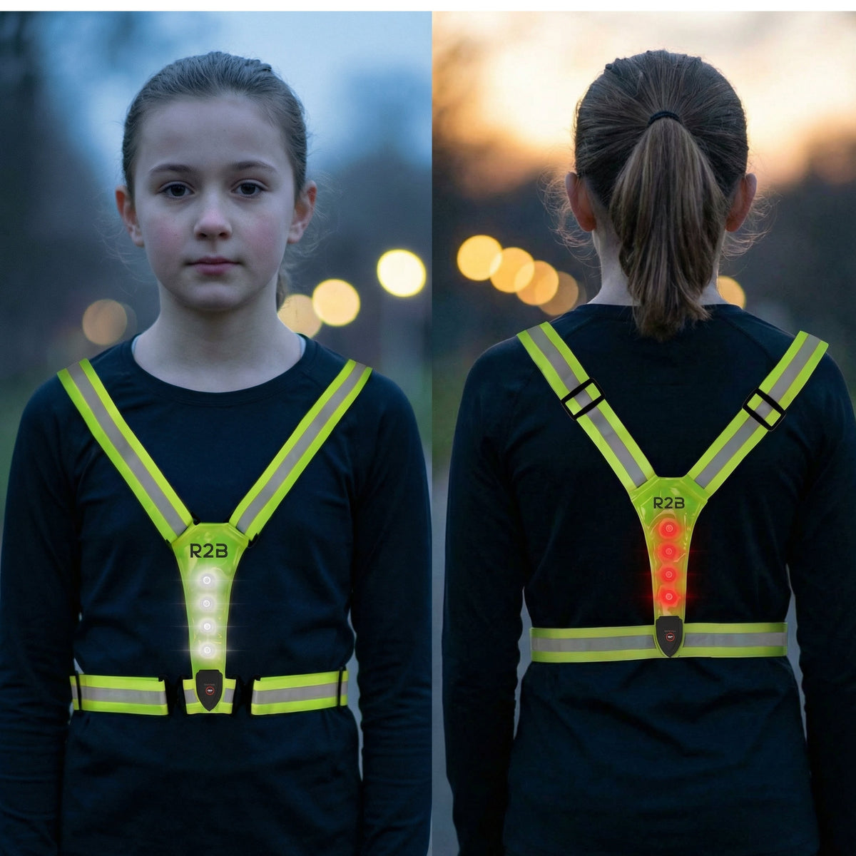 R2B Hardloopvest met Verlichting Voor Kinderen - Extra Stevige Behuizing - Reflecterend & Oplaadbaar - Neongeel