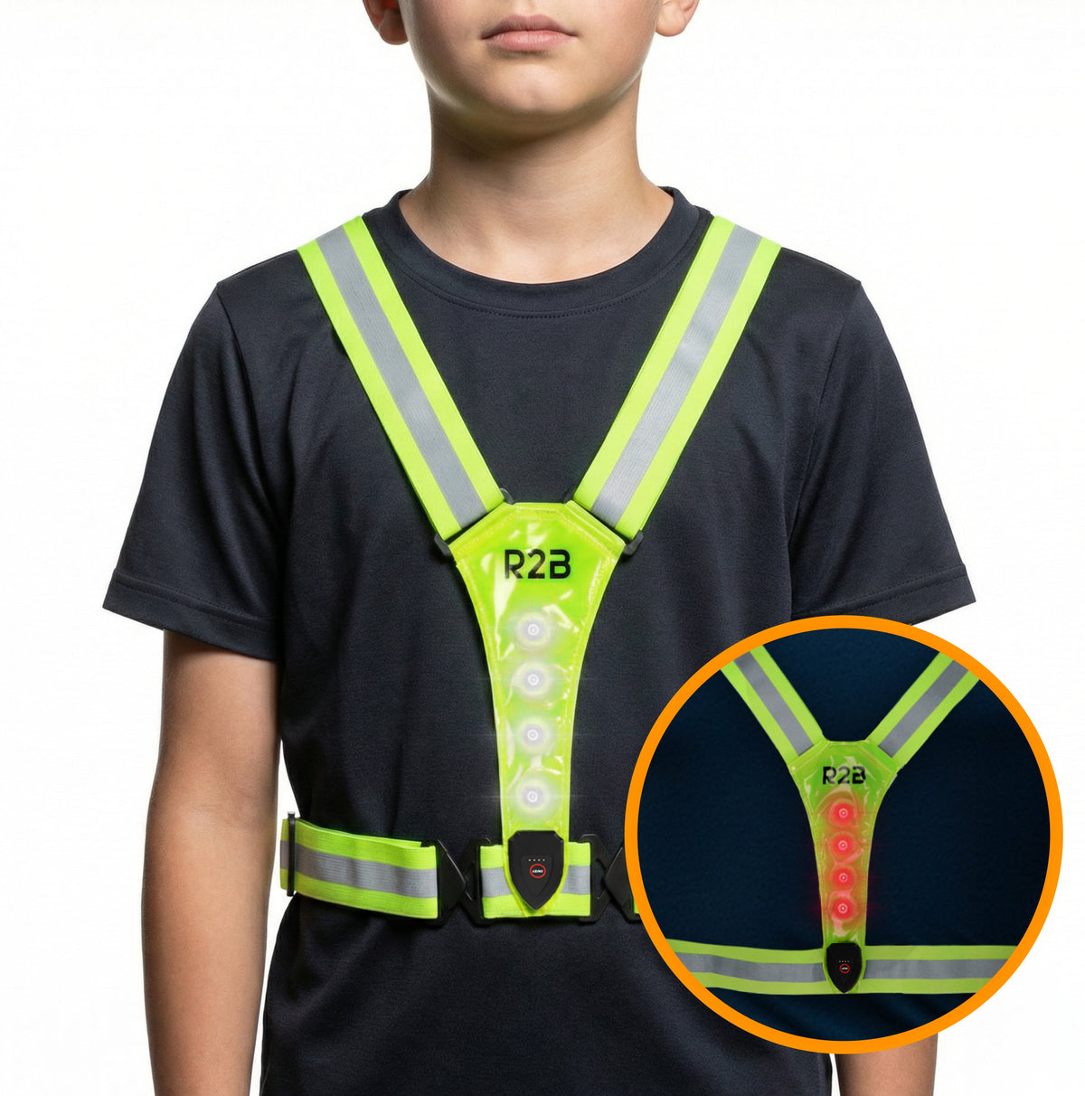 R2B Hardloopvest met Verlichting Voor Kinderen - Extra Stevige Behuizing - Reflecterend & Oplaadbaar - Neongeel