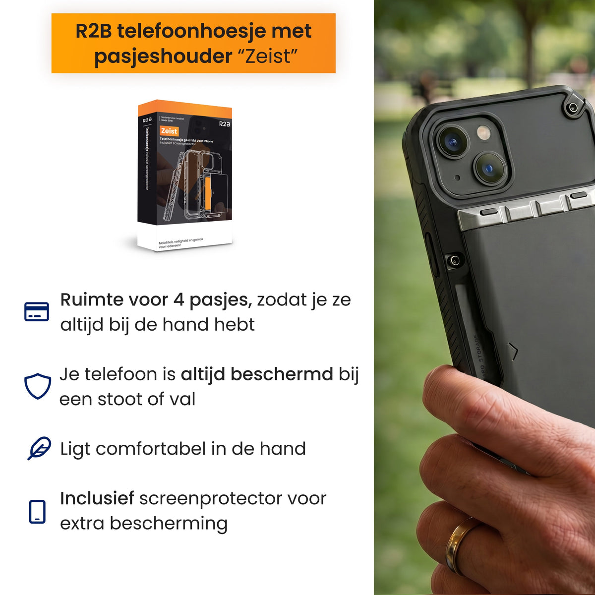R2B iPhone 13 Hoesje met Pasjeshouder - Incl. Screenprotector - 4 Pasjes - Telefoonhoesje