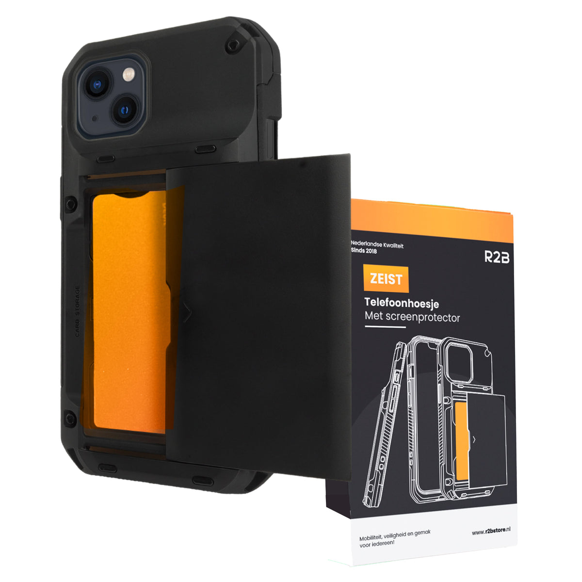 R2B iPhone 14 Hoesje met Pasjeshouder - Screenprotector - 4 Pasjes - Robuust & Beschermend - Zwart - Telefoonhoesje
