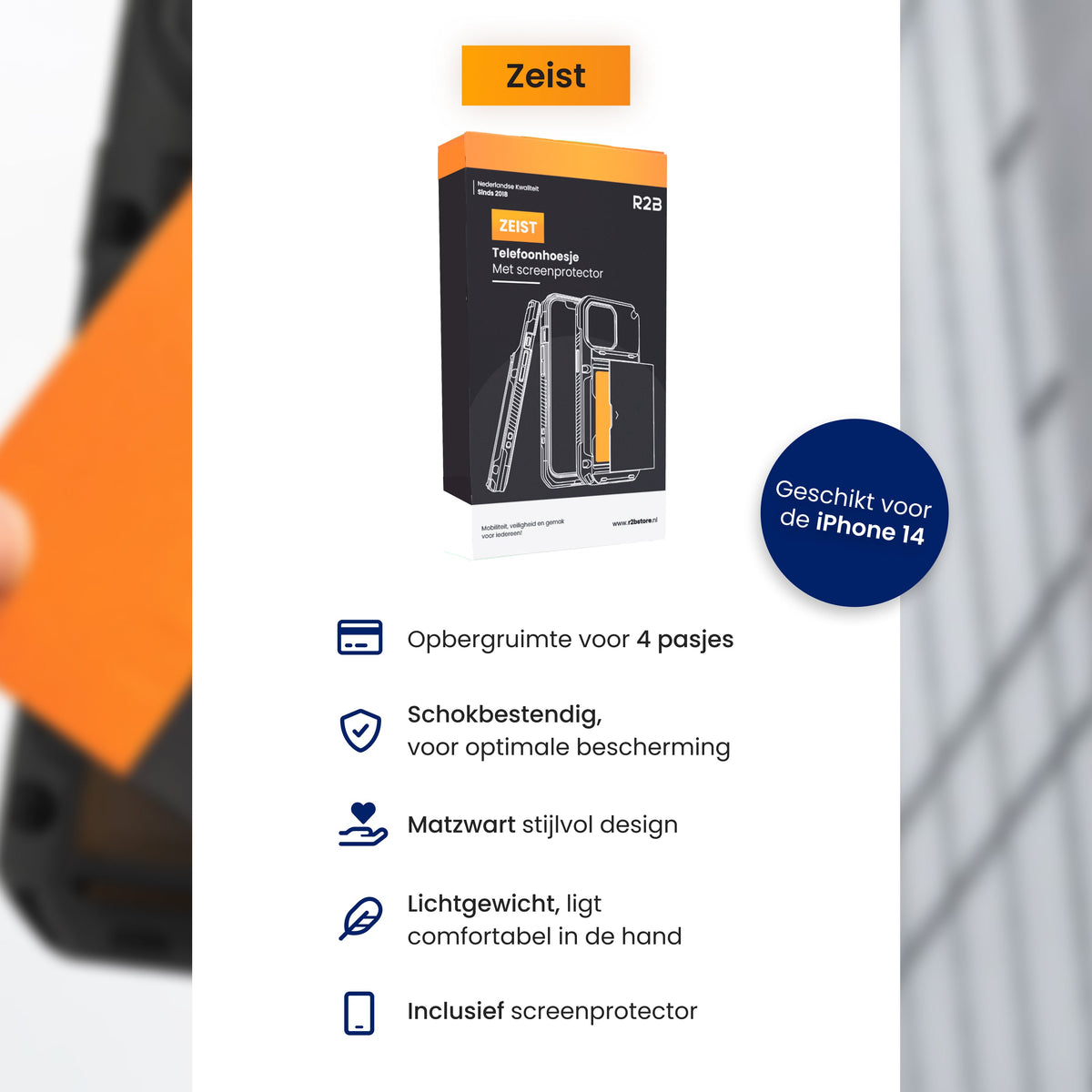 R2B iPhone 14 Hoesje met Pasjeshouder - Screenprotector - 4 Pasjes - Robuust & Beschermend - Zwart - Telefoonhoesje
