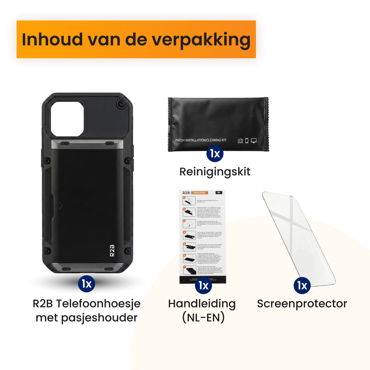 R2B iPhone 15 Hoesje met Pasjeshouder - Screenprotector - 4 Pasjes - Robuust & Beschermend - Zwart