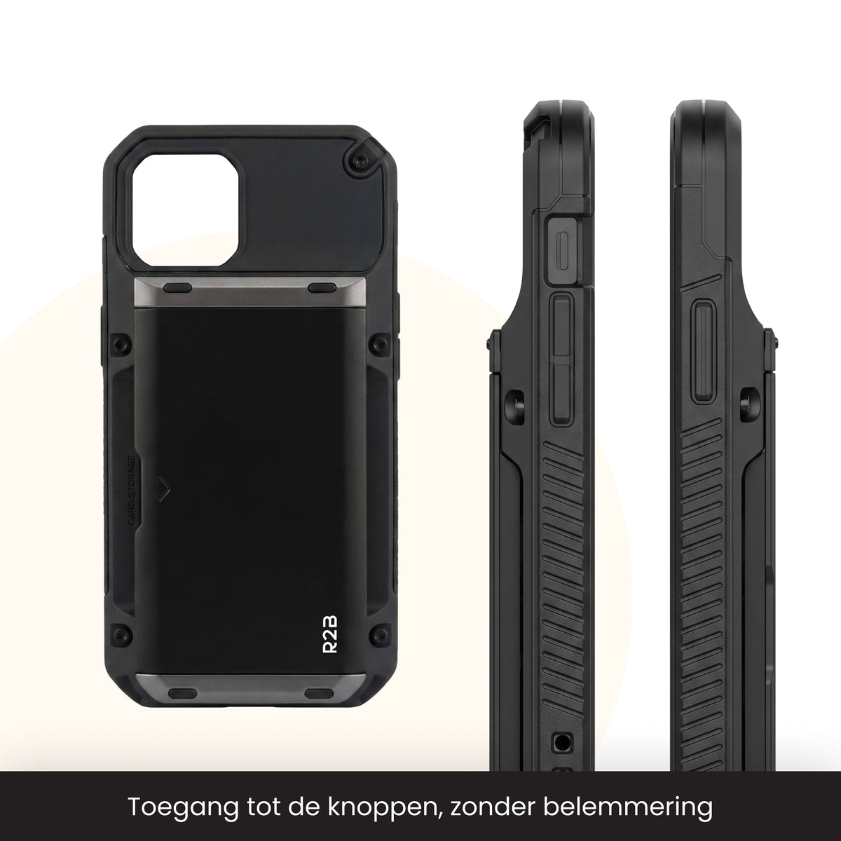 R2B iPhone 15 Hoesje met Pasjeshouder - Screenprotector - 4 Pasjes - Robuust & Beschermend - Zwart