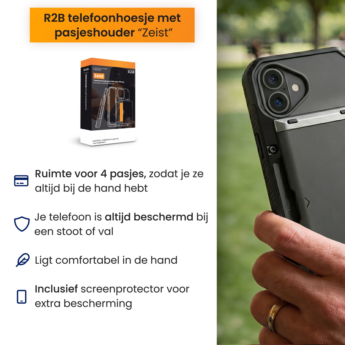 R2B iPhone 16 Hoesje met Pasjeshouder - Incl. Screenprotector - 4 Pasjes