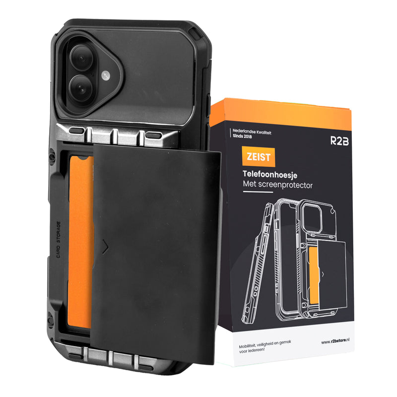 R2B iPhone 16 Hoesje met Pasjeshouder - Screenprotector - 4 Pasjes - Robuust & Beschermend - Zwart