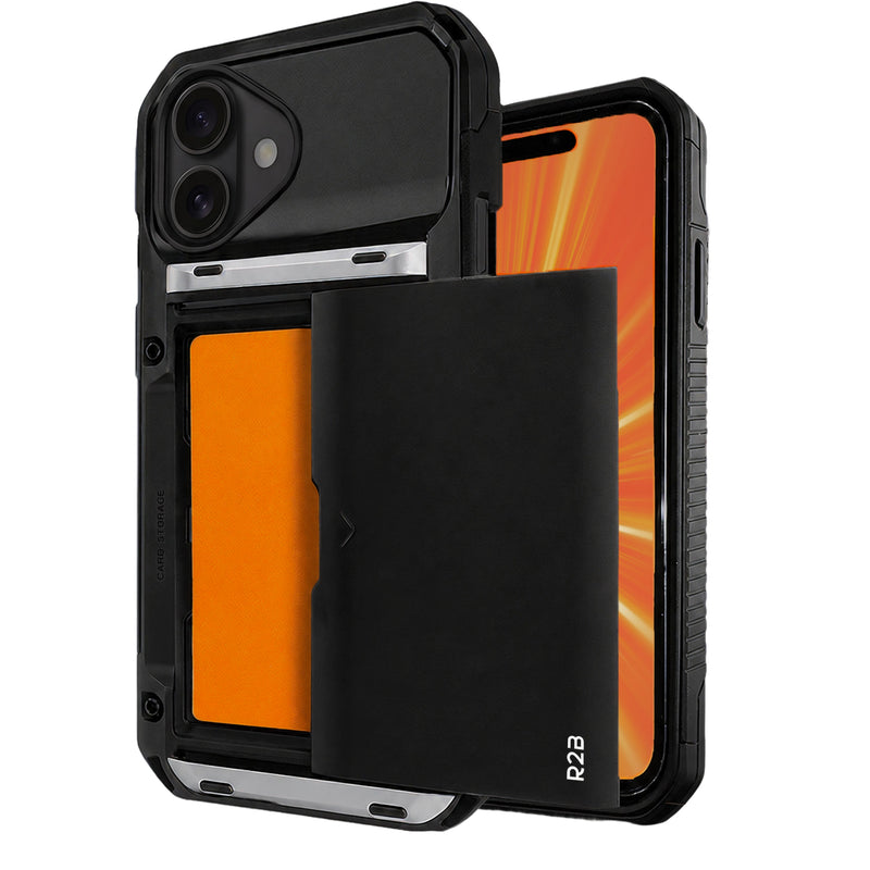 R2B iPhone 16 Hoesje met Pasjeshouder - Screenprotector - 4 Pasjes - Robuust & Beschermend - Zwart