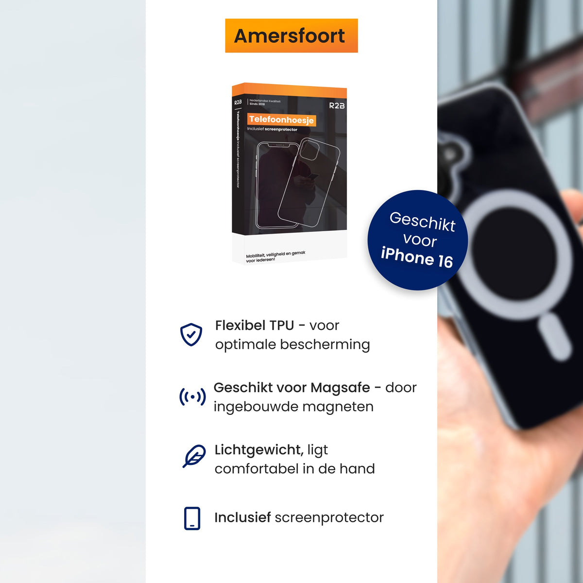 R2B iPhone 16 MagSafe Hoesje - Transparant - Incl. Screenprotector - Telefoonhoesje