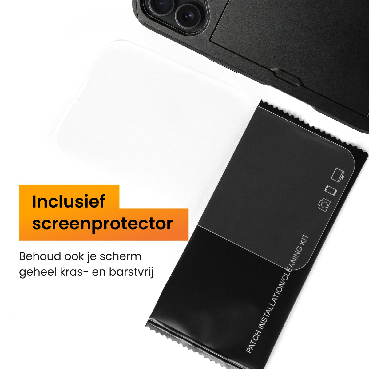 R2B iPhone 16 Plus Hoesje met Pasjeshouder - Screenprotector - 3 Pasjes - Stevig & Beschermend - Zwart - Telefoonhoesje