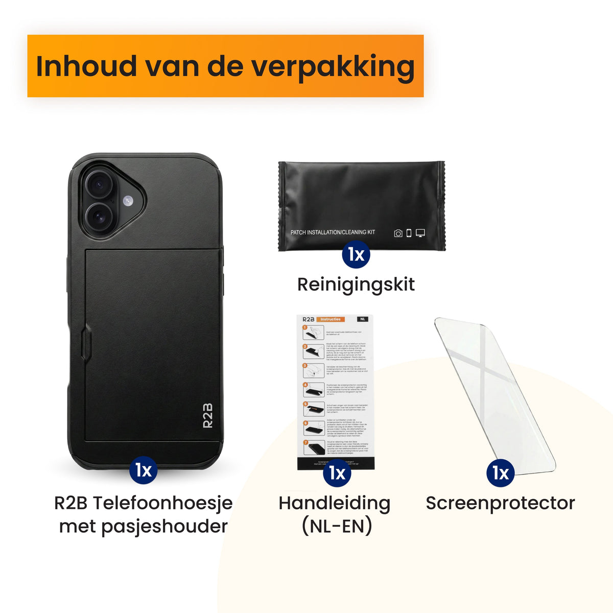 R2B iPhone 16 Plus Hoesje met Pasjeshouder - Screenprotector - 3 Pasjes - Stevig & Beschermend - Zwart - Telefoonhoesje