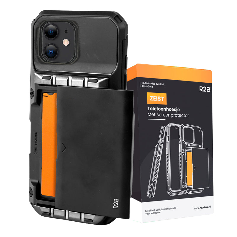 R2B iPhone 16 Plus Hoesje met Pasjeshouder - Screenprotector - 4 Pasjes - Robuust & Beschermend - Zwart
