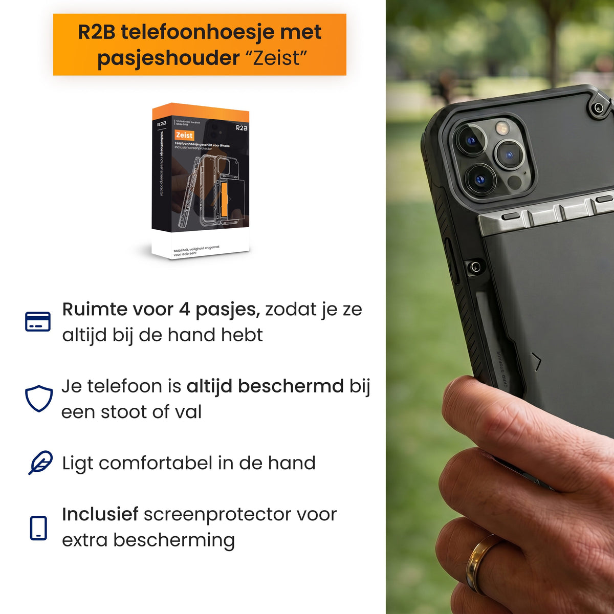 R2B iPhone 16 Pro Hoesje met Pasjeshouder - Incl. Screenprotector - 4 Pasjes