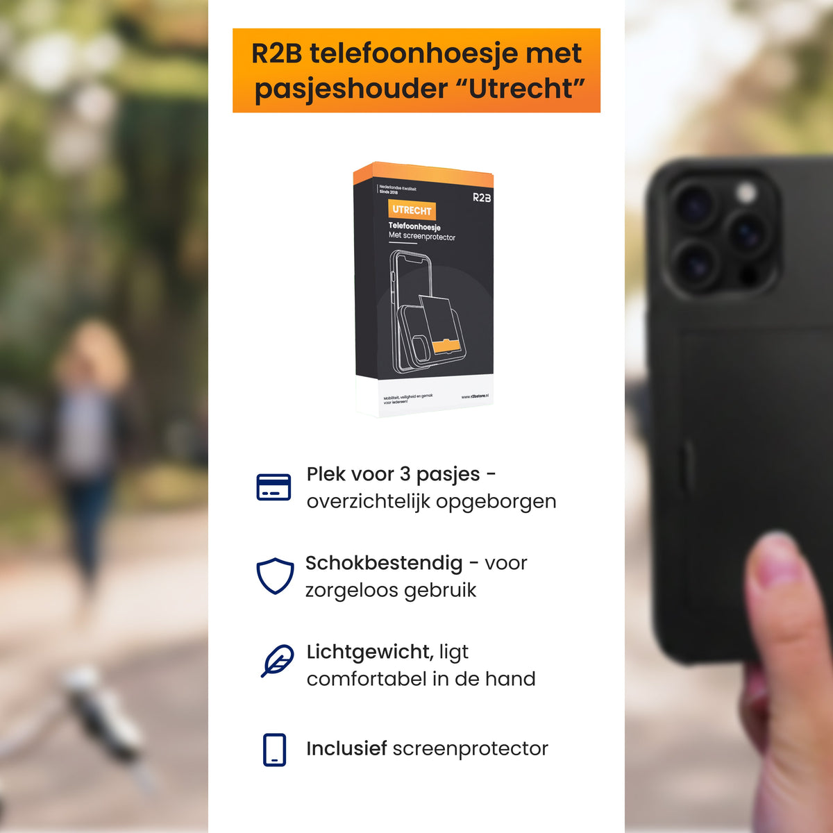 R2B iPhone 16 Pro Hoesje met Pasjeshouder - Screenprotector - 3 Pasjes - Stevig & Beschermend - Zwart - Telefoonhoesje