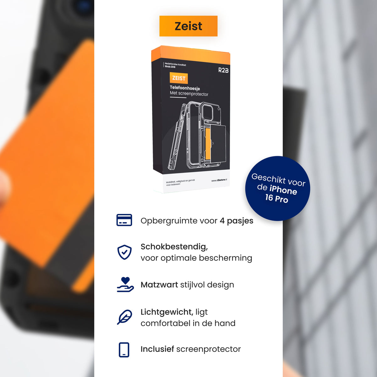 R2B iPhone 16 Pro Hoesje met Pasjeshouder - Screenprotector - 4 Pasjes - Robuust & Beschermend - Zwart