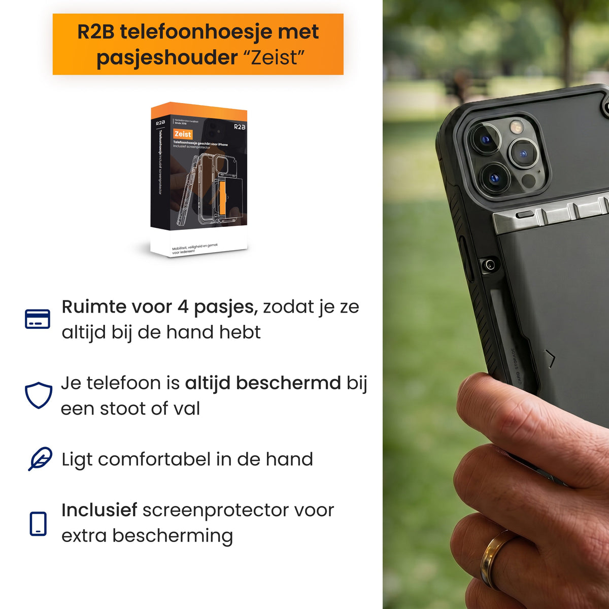 R2B iPhone 16 Pro Max Hoesje met Pasjeshouder - Incl. Screenprotector - 4 Pasjes