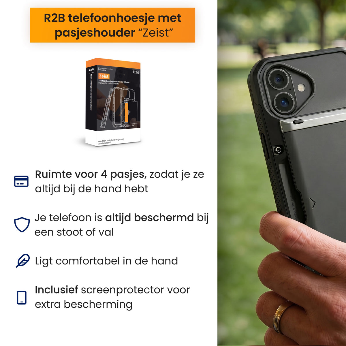 R2B iPhone 17 Hoesje met Pasjeshouder - Incl. Screenprotector - 4 Pasjes