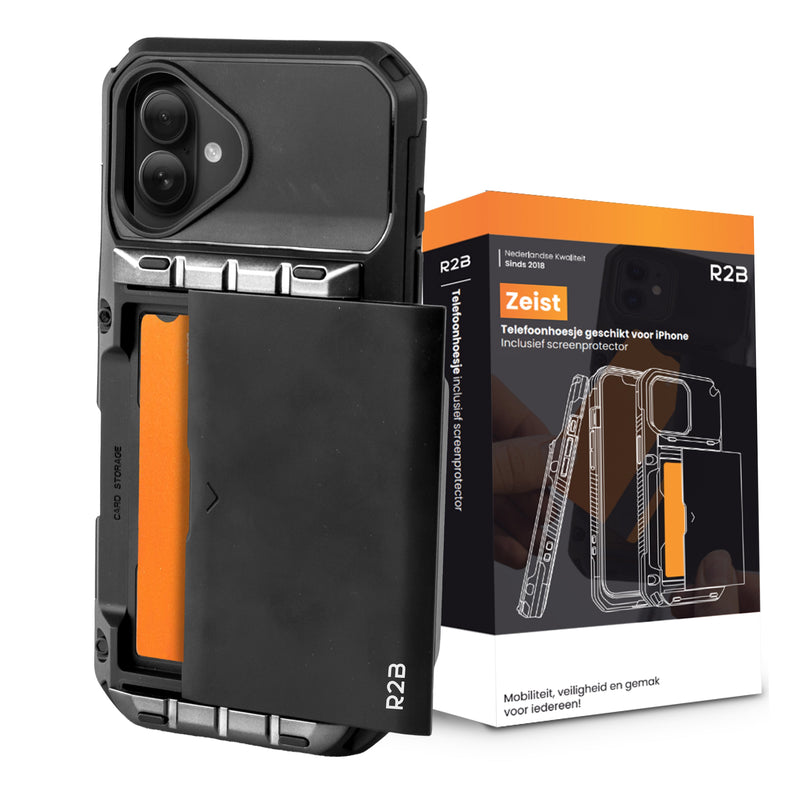 R2B iPhone 17 Hoesje met Pasjeshouder - Screenprotector - 4 Pasjes - Robuust & Beschermend - Zwart