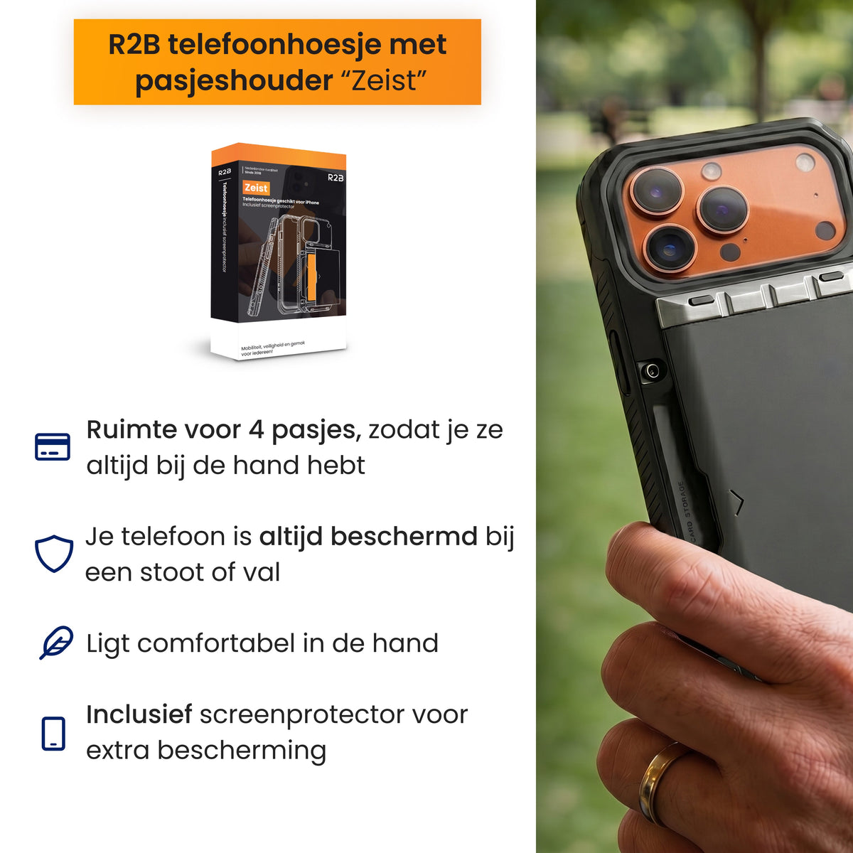 R2B iPhone 17 Pro Max Hoesje met Pasjeshouder - Screenprotector - 4 Pasjes - Robuust & Beschermend - Zwart