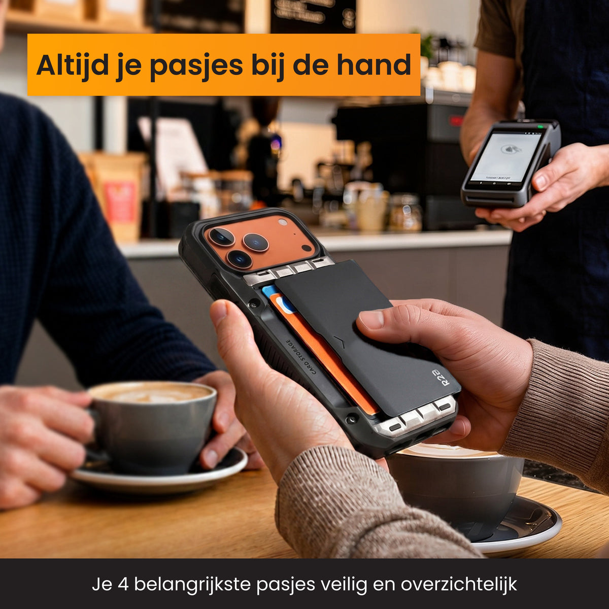 R2B iPhone 17 Pro Max Hoesje met Pasjeshouder - Screenprotector - 4 Pasjes - Robuust & Beschermend - Zwart