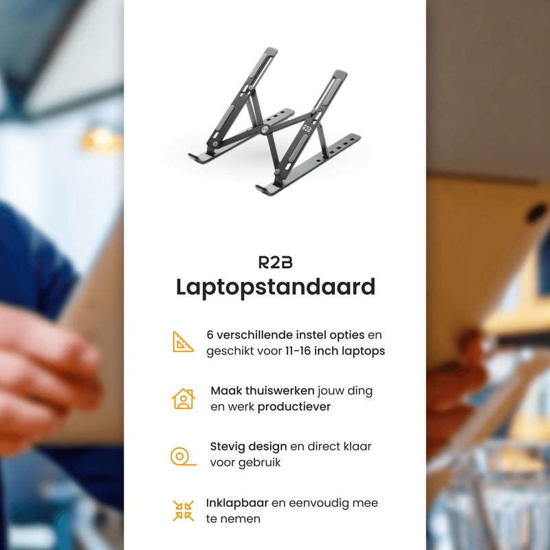 R2B Laptopstandaard opvouwbaar - Model Breda - 10 t/m 17 inch - Zwart - R2B Store