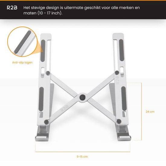 R2B Laptop Standaard Verstelbaar - Compact & Opvouwbaar - Ergonomisch & Lichtgewicht - Zilver - Laptopstandaard