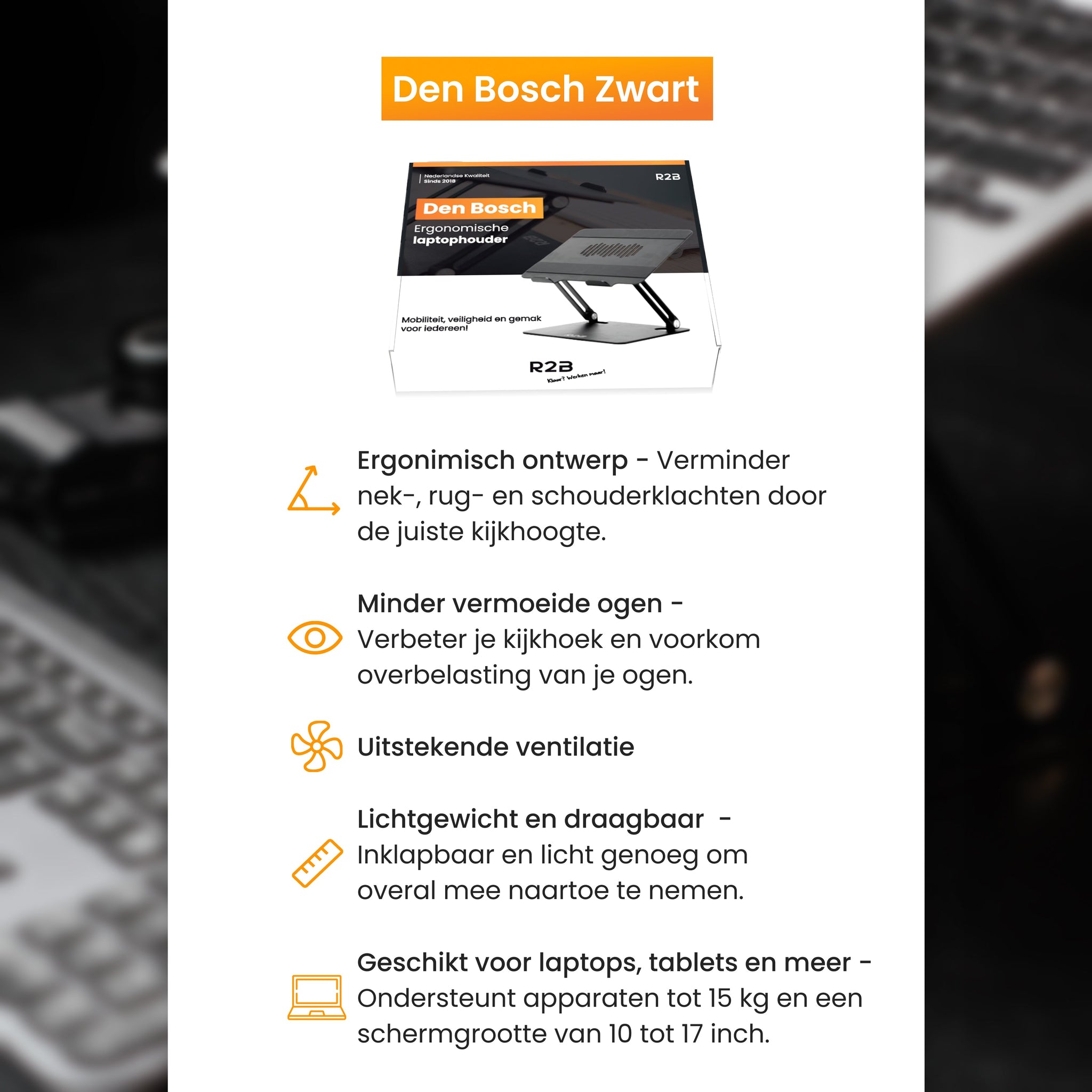 R2B Luxe Laptop Standaard Opvouwbaar - Model Den Bosch - 10 t/m 17 inch - Zwart - Laptopstandaard