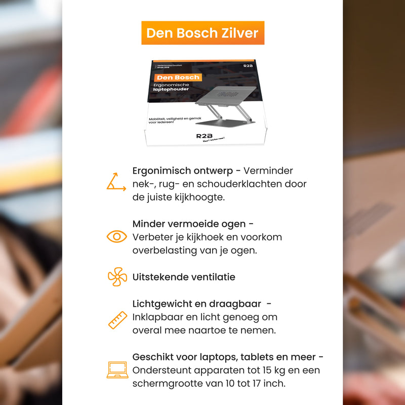 R2B Luxe Laptop Standaard Opvouwbaar - Model Den Bosch - 10 t/m 17 inch - Zilver - Laptopstandaard