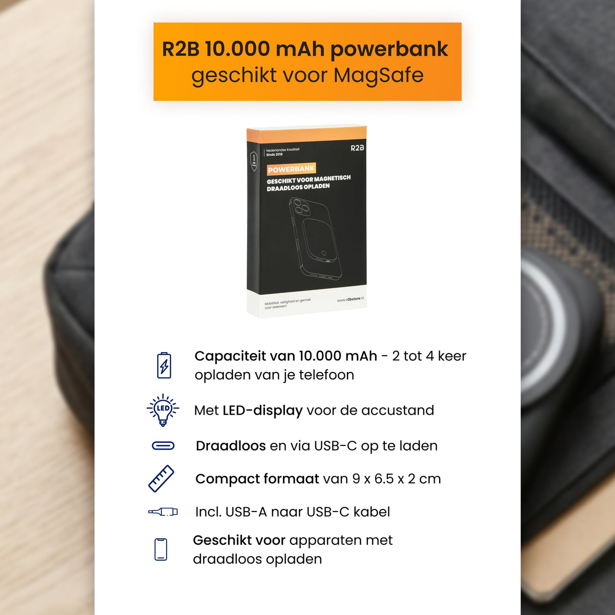 R2B MagSafe Powerbank 10.000 mAh - Magnetisch - 2 tot 4 keer Opladen - Powerbank