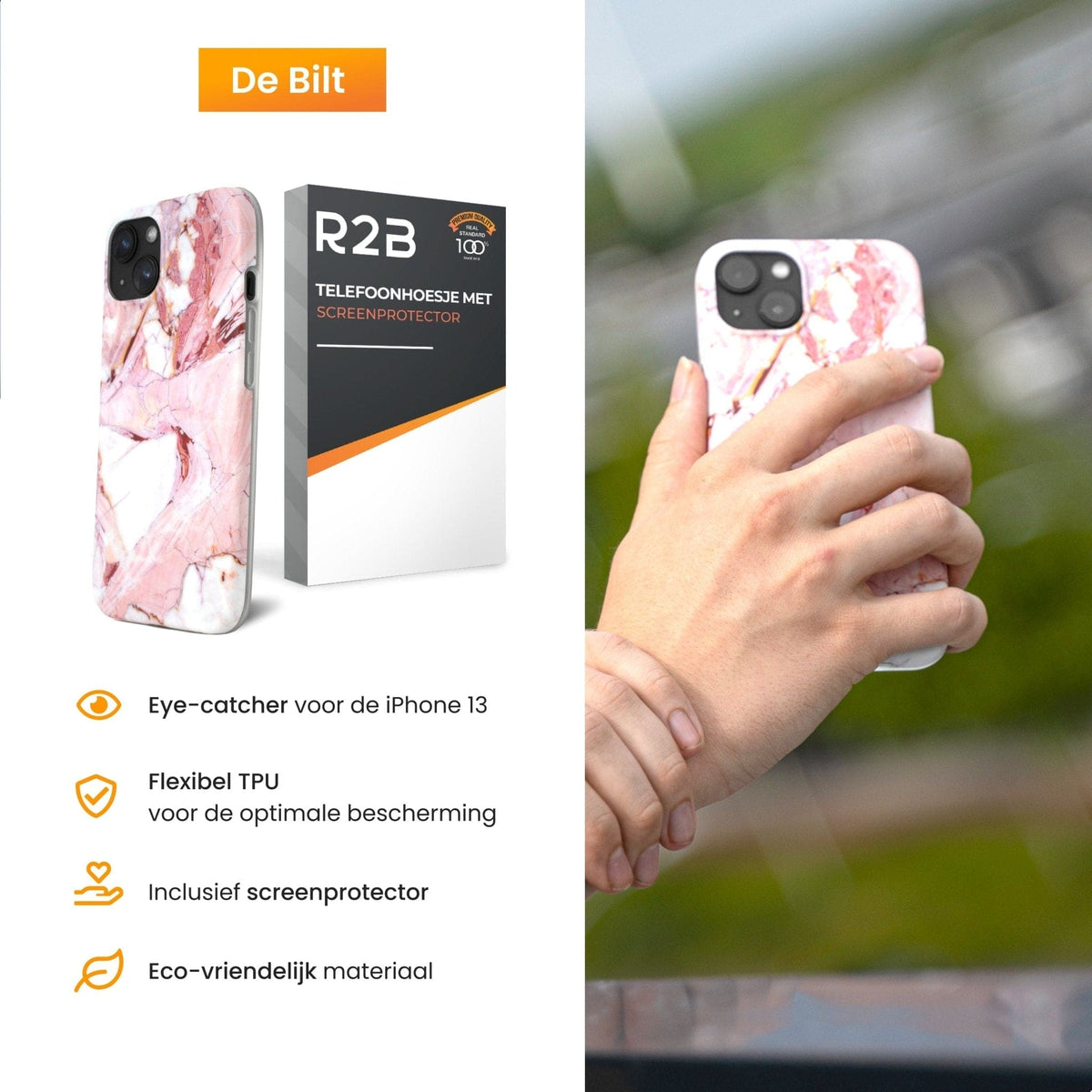 R2B iPhone 13 Marmerlook Hoesje - Incl. Screenprotector - Roze/Wit/Oranje - Telefoonhoesje