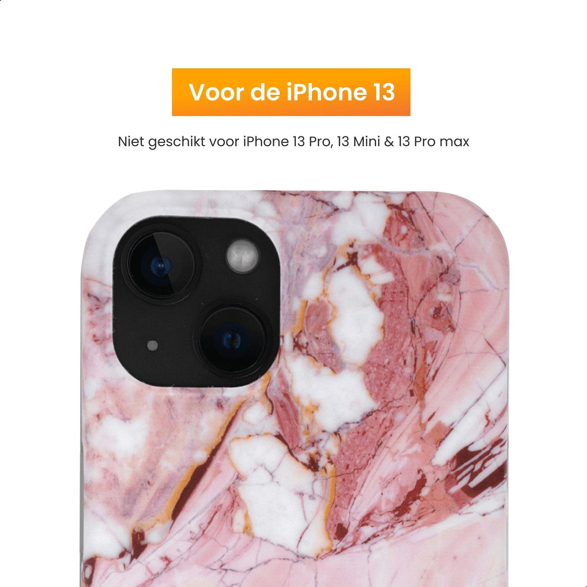 R2B iPhone 13 Marmerlook Hoesje - Incl. Screenprotector - Roze/Wit/Oranje - Telefoonhoesje
