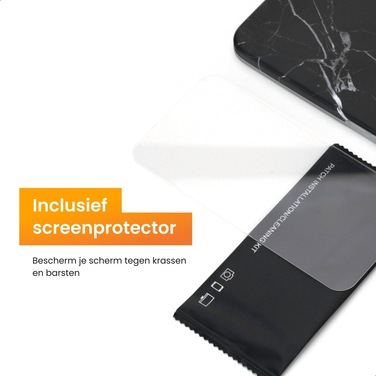 R2B iPhone 13 Marmerlook Hoesje - Incl. Screenprotector - Zwart - Telefoonhoesje