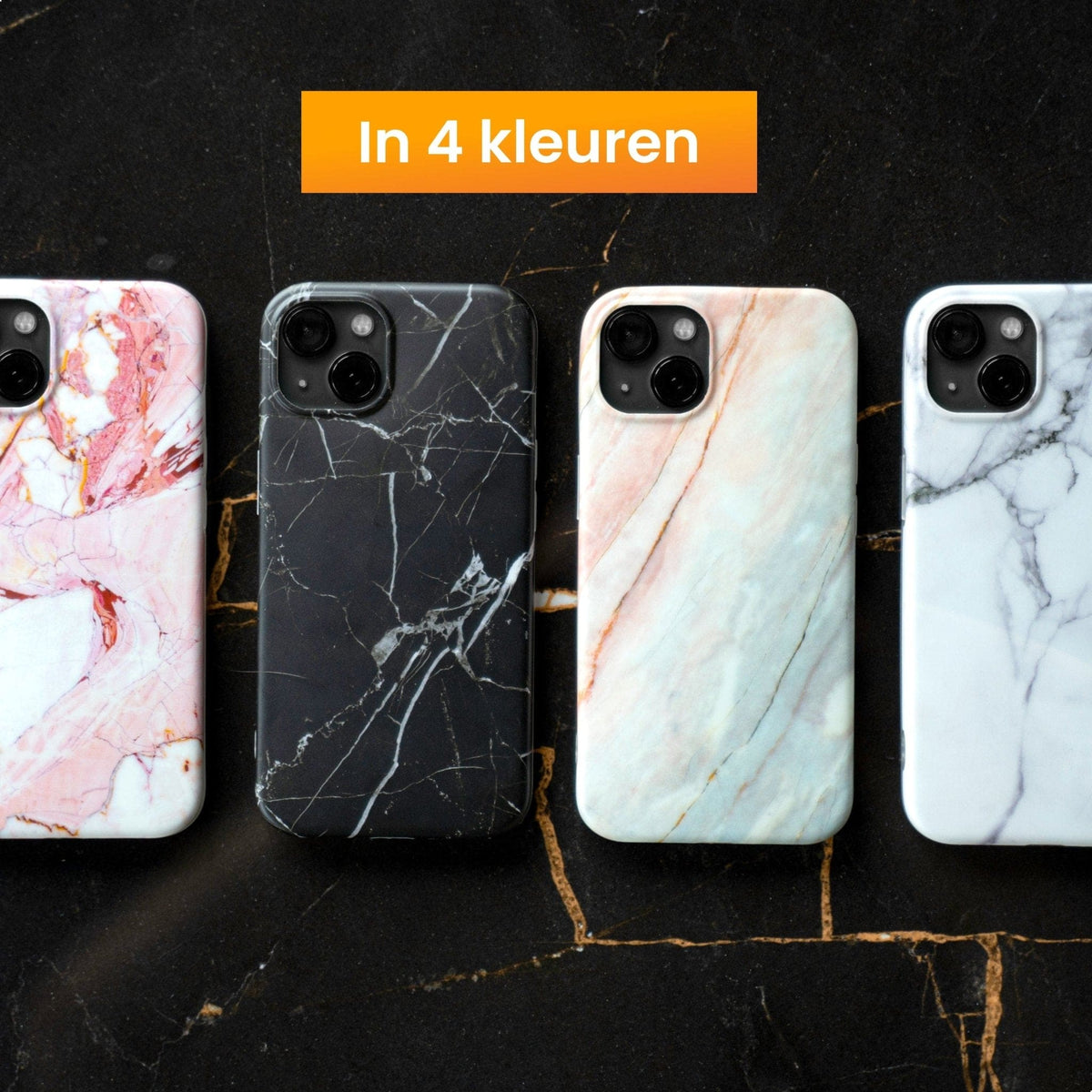 R2B iPhone 13 Marmerlook Hoesje - Incl. Screenprotector - Zwart - Telefoonhoesje