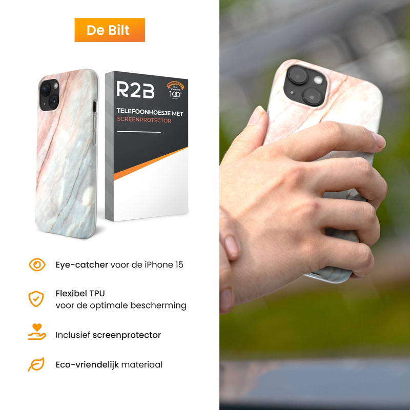 R2B Marmer hoesje voor iPhone 15 - Model De Bilt - Roze/Grijs/Blauw - Telefoonhoesje