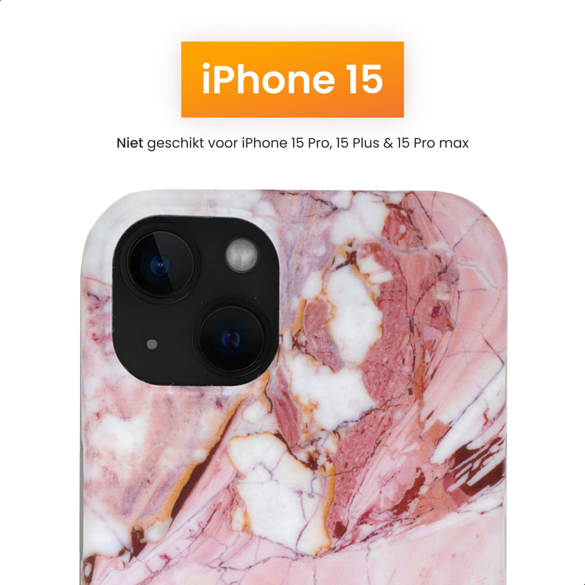 R2B iPhone 15 Marmerlook Hoesje - Screenprotector - Stijlvol & Stevig - Roze/Wit/Oranje