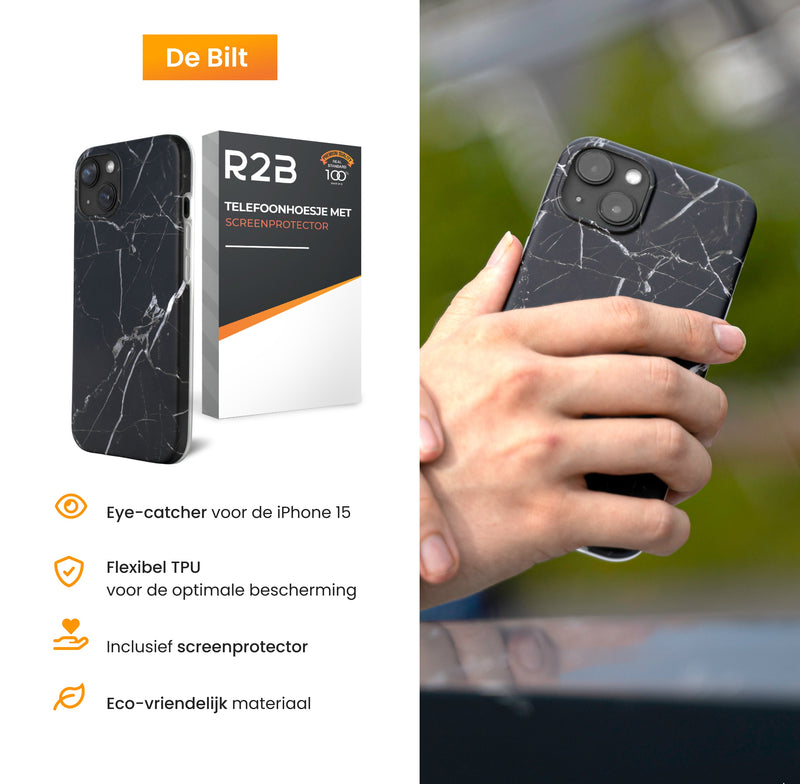 R2B Marmer hoesje voor iPhone 15 - Model De Bilt - Zwart