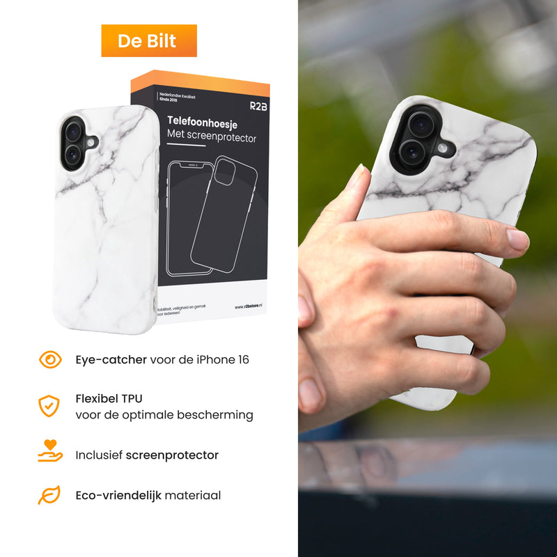 R2B Marmer hoesje voor iPhone 16 - Model De Bilt - Wit - Telefoonhoesje