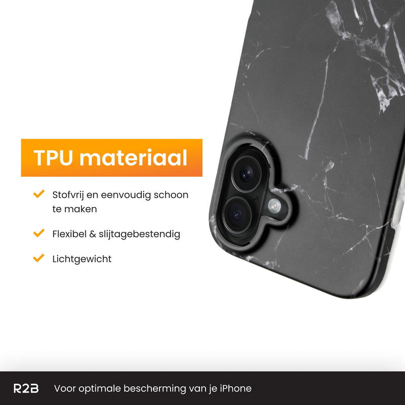 R2B Marmer hoesje voor iPhone 16 - Model De Bilt - Zwart - Telefoonhoesje