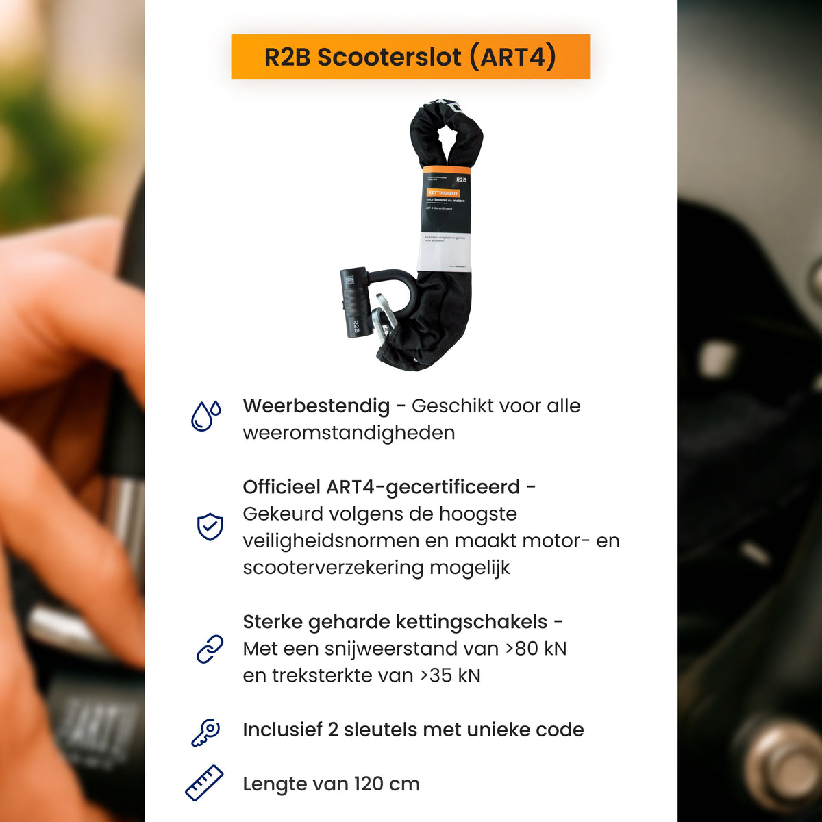 R2B Motorslot ART4 - Kettingslot voor Scooter & Motor - Gecertificeerd & Verzekeringsgeschikt - 2 Sleutels