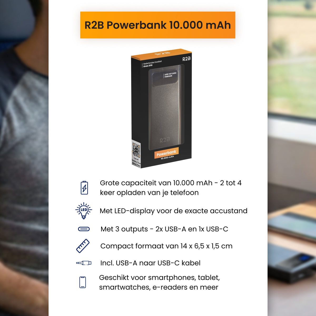 R2B Powerbank 10.000 mAh - 2 tot 4 Keer Opladen - Powerbank