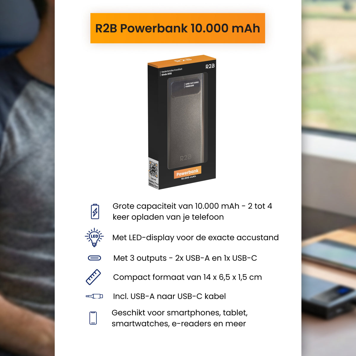 R2B Powerbank 10.000 mAh - 2 tot 4 Keer Opladen - Snelladen - Licht & Compact - Powerbank