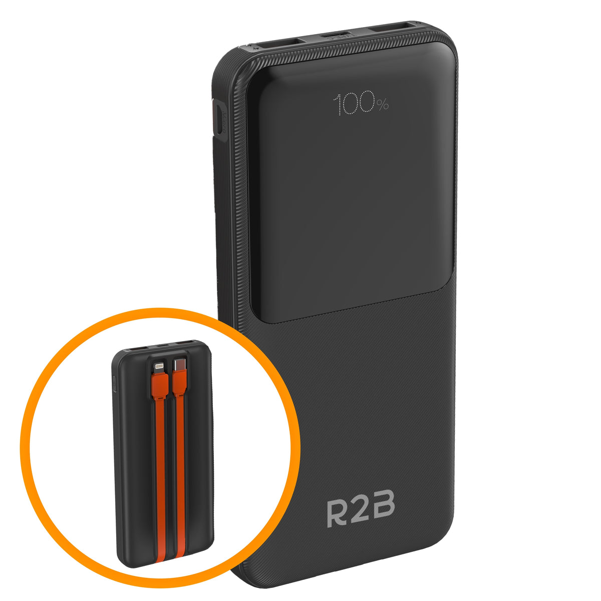 R2B Powerbank 10.000 mAh - Ingebouwde Kabels (USB-C & 8 Pins) - Snelladen - Betrouwbaar & Compact